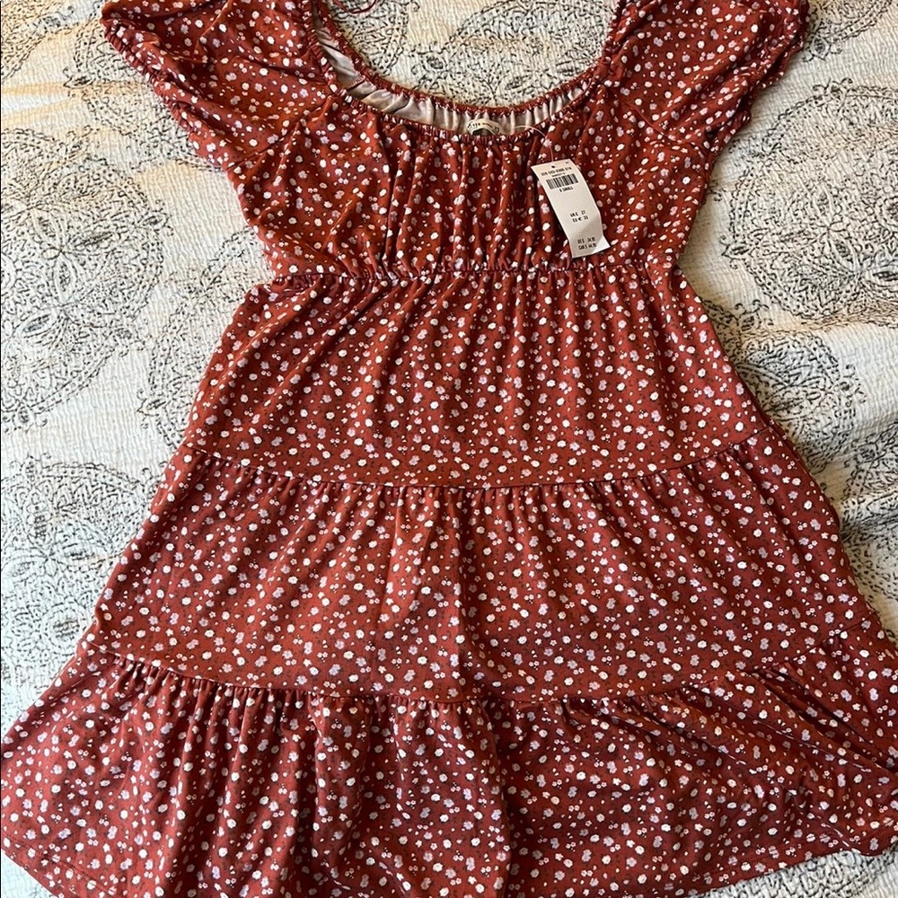 Hollister Puff-Sleeve Floral Tiered Knit Mini Dress
